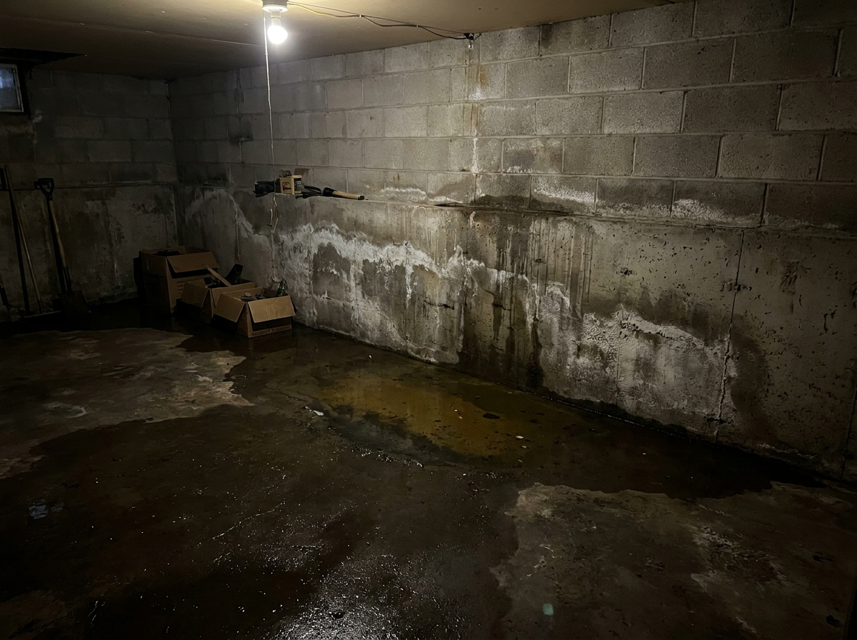 Wet basement with pooled water and staining, before waterproofing