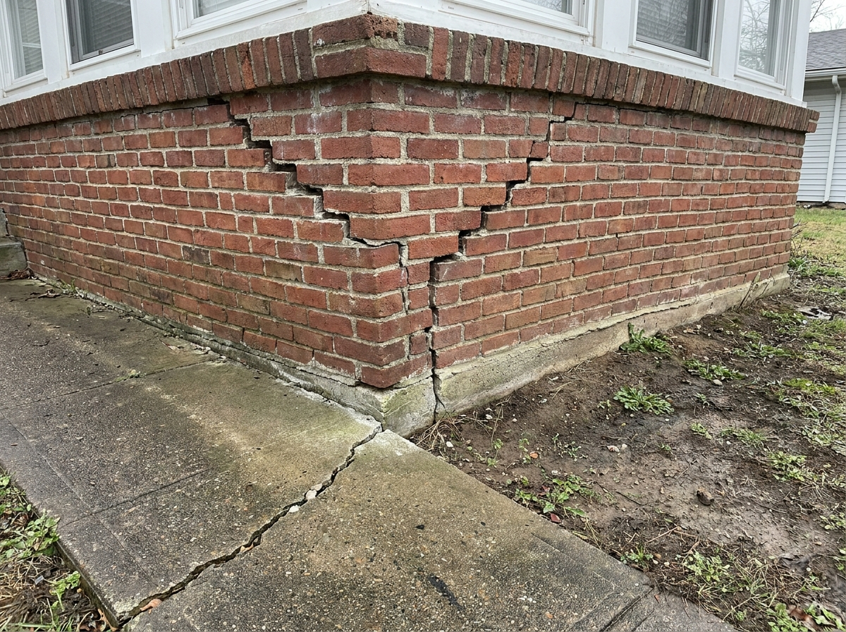Settled foundation corner with a stair-step crack in the brick, before repair