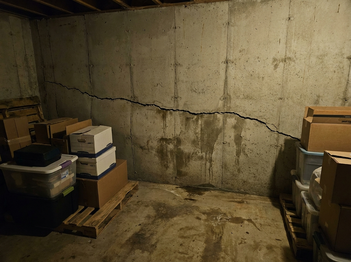 Bowing basement foundation wall with a horizontal crack, before repair